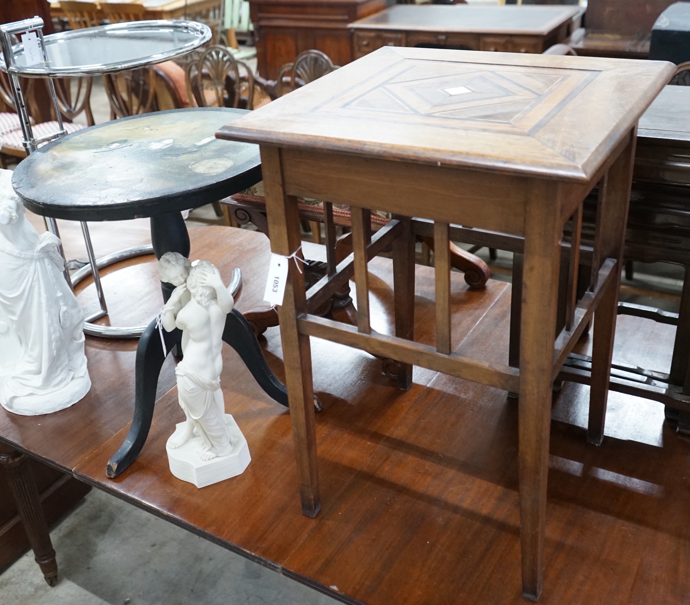 An early 20th century parquetry inlaid square occasional table and a Victorian and later painted tripod table, larger width 50cms height 72cms.